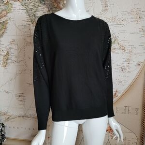 Tahari T crew neck soft black sweater shoulder sequin detail raglan sleeve NWT M